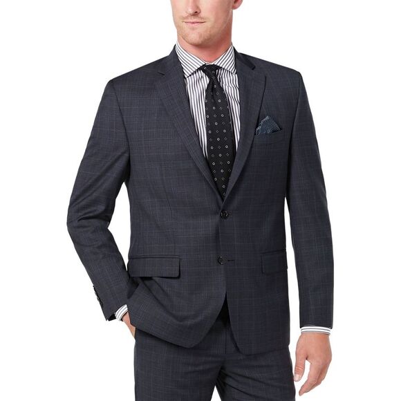 Lauren Ralph Lauren Mens Classic-Fit Plaid Wool Suit Jacket 42 Long Grey/Blue
